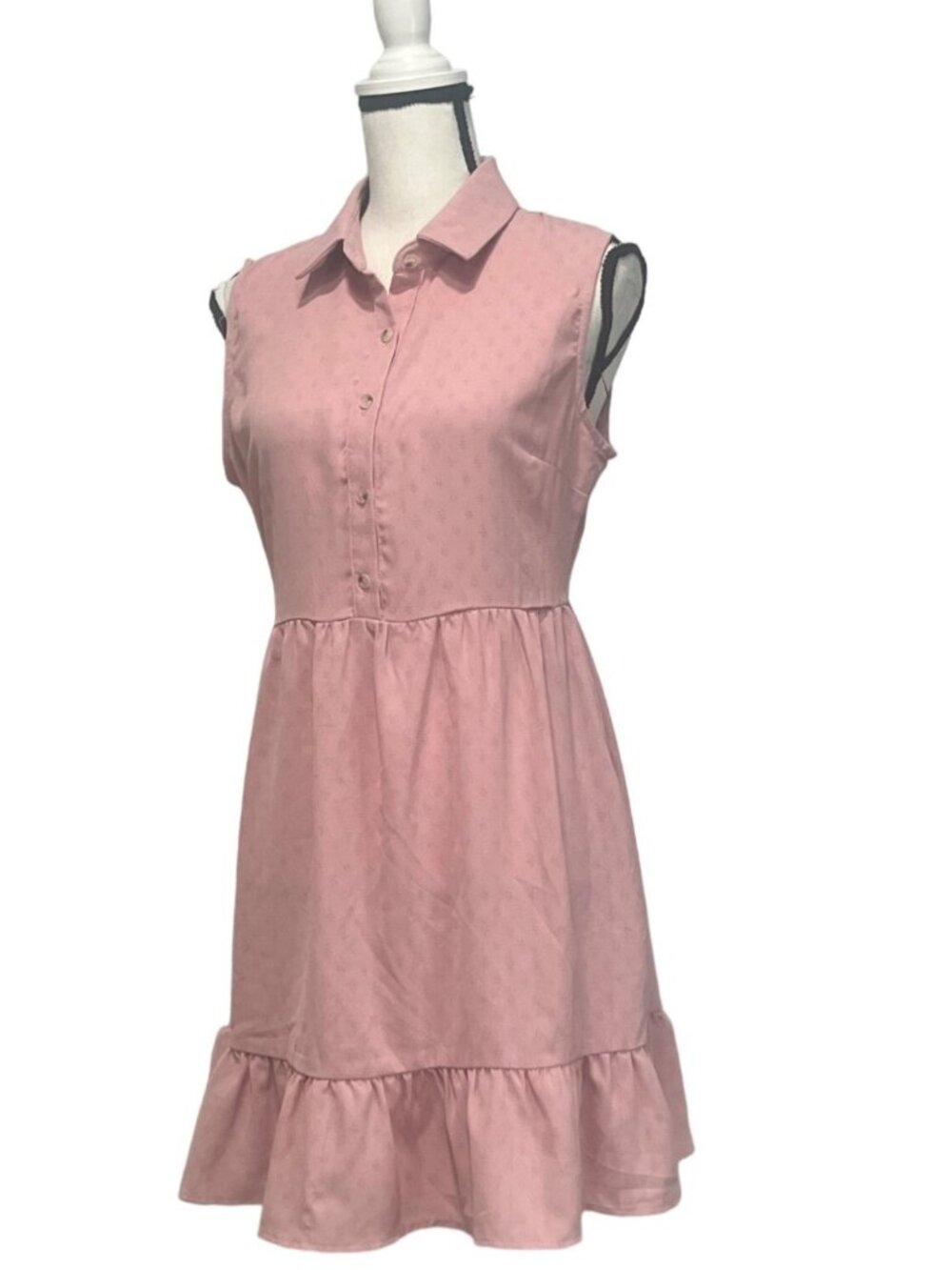 Good Luck Gem Collared Button Placket Junior's Sleeveless Minidress Pink Smoke M